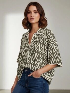 Christian Lacroix Womens Geometric Chevron Knit  Polo Top - Olive/Cream XS